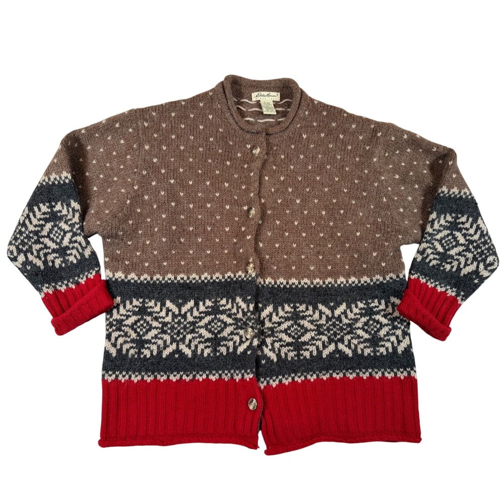 Eddie Bauer Vtg Nordic Wool Alpaca Fair Isle Cardigan Sweater Brown Red Ski Sz L